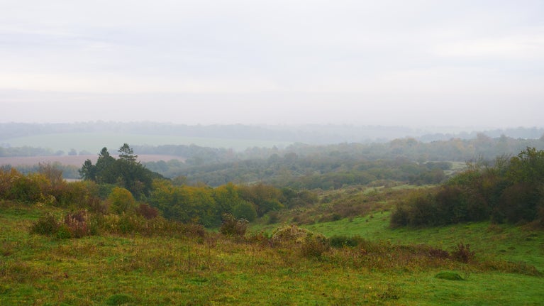 Autumnal views at Stockbridge Down, Hampshire: a misty view over surrounding countryside
